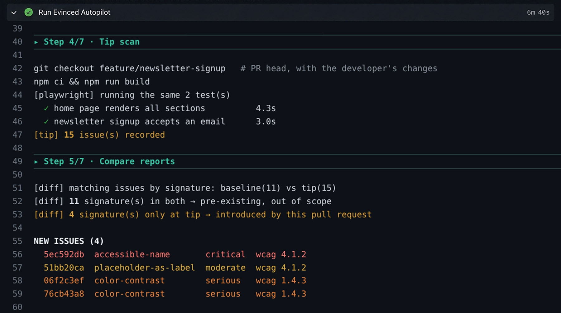 Evinced Autopilot CI job comparing baseline and tip scans on a pull request